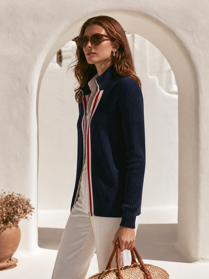 Zevira – Gestreifte Rippstrickjacke mit Besatz