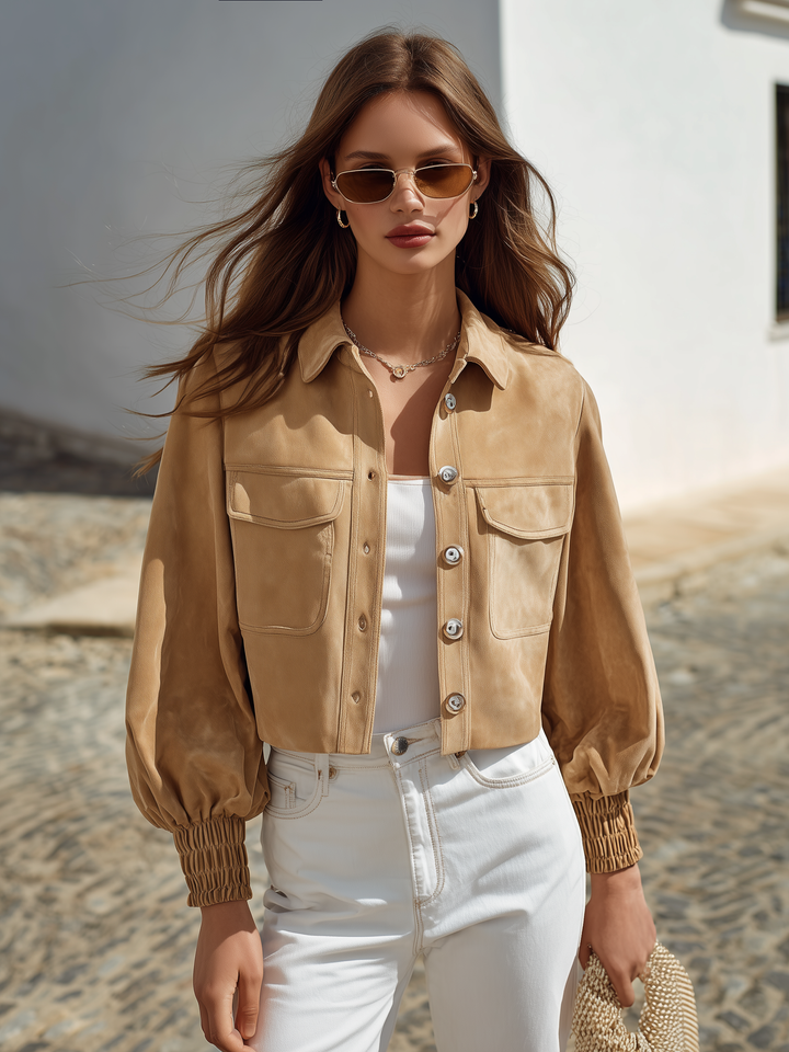 Ceraya – Utility-Jacke aus Kunstwildleder mit Ballonärmeln