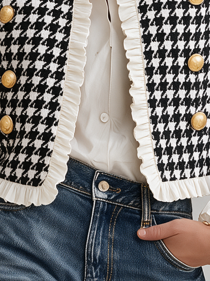 Mevara – Jacke mit Rüschensaum im Hahnentritt