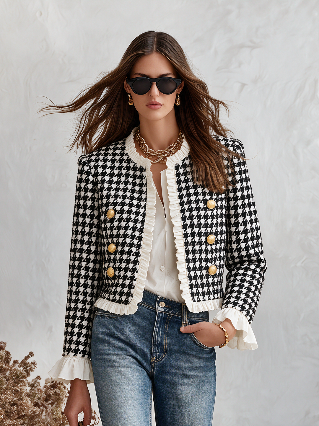 Mevara – Jacke mit Rüschensaum im Hahnentritt