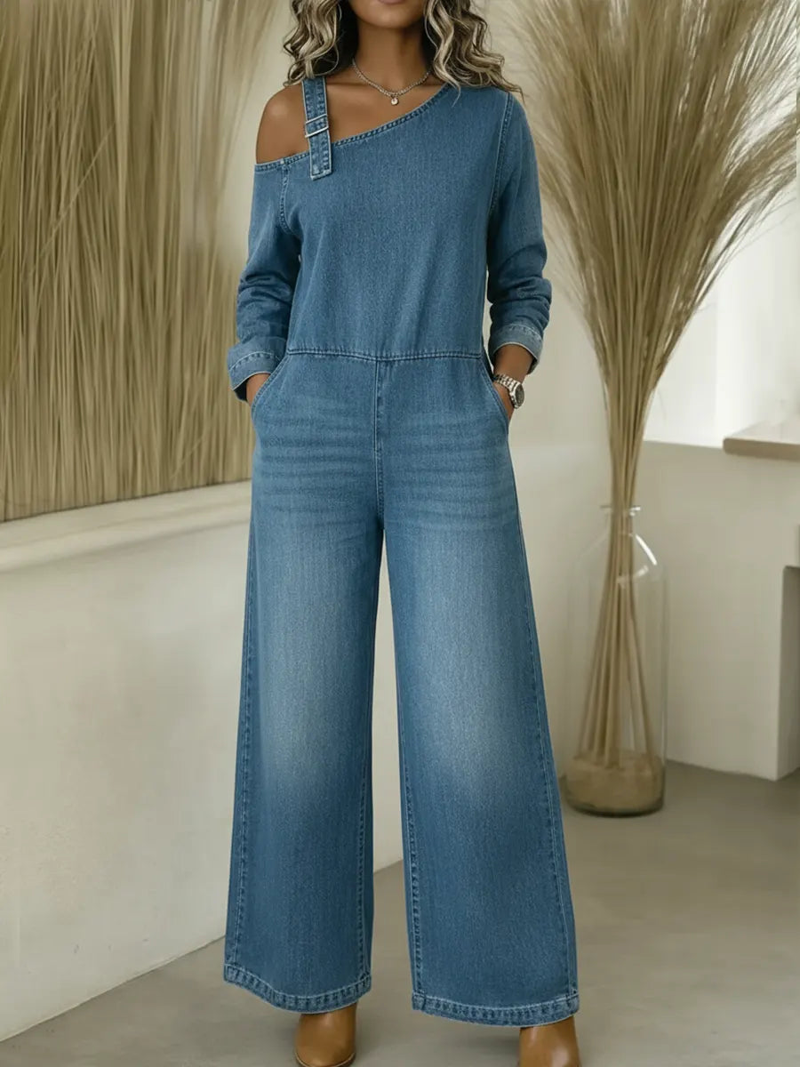 Lyrane – Denim-Jumpsuit mit Bardot-Ausschnitt