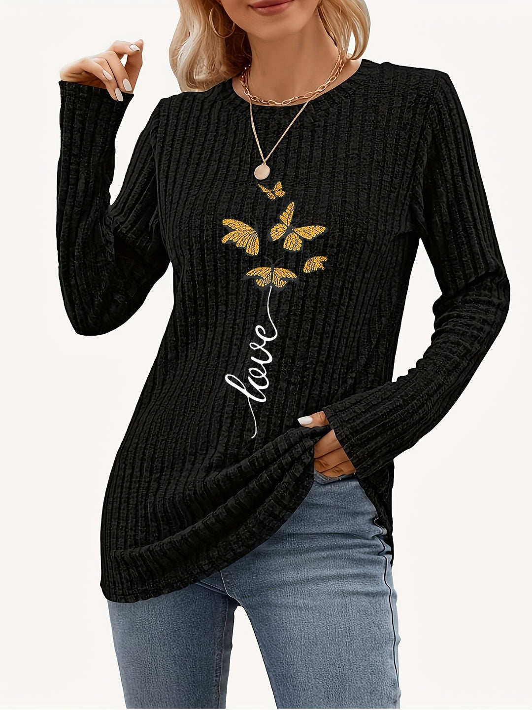 Calira – platzierter Schmetterlingsdruck Rippstrick-T-Shirt