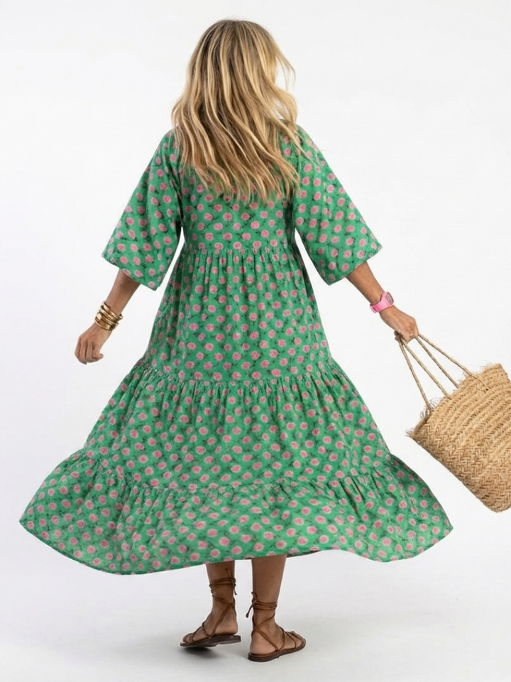 Kelora – Gestuftes Blumenprint-Midikleid