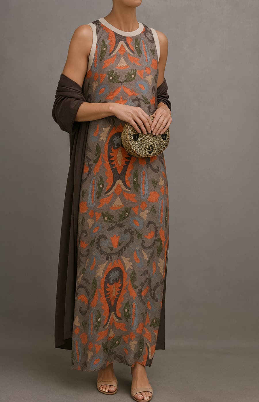 Virela – bedrucktes Maxikleid-und-Weste-Set