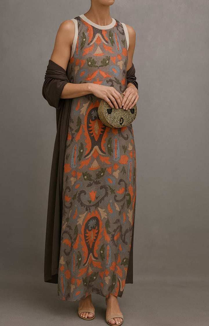 Virela – bedrucktes Maxikleid-und-Weste-Set