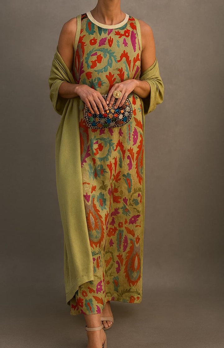 Virela – bedrucktes Maxikleid-und-Weste-Set