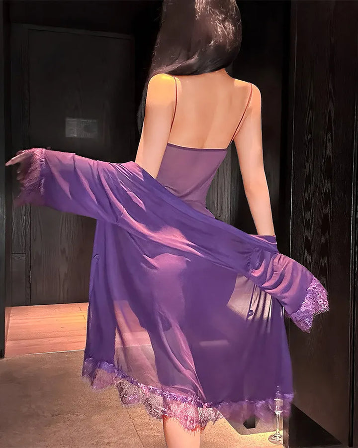 Solyne – Spaghettiträger-Spitzen-Mesh-Pyjama-Set