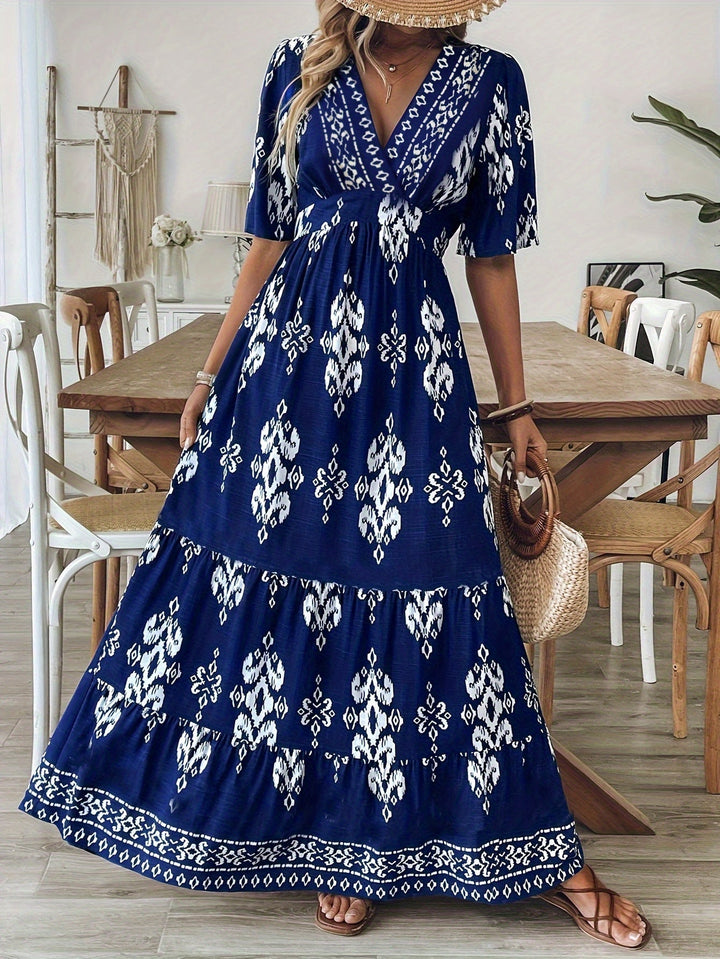 Nalira – V-Ausschnitt, bedrucktes Maxikleid