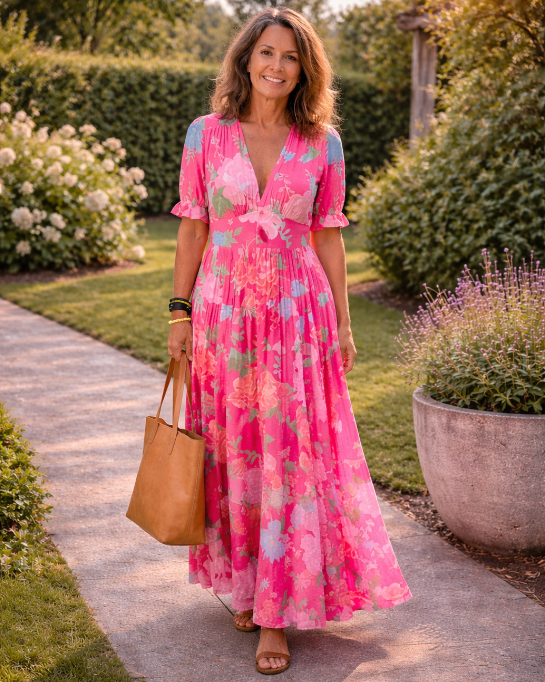 Nolira – V-Ausschnitt Blumendruck Midi-Kleid