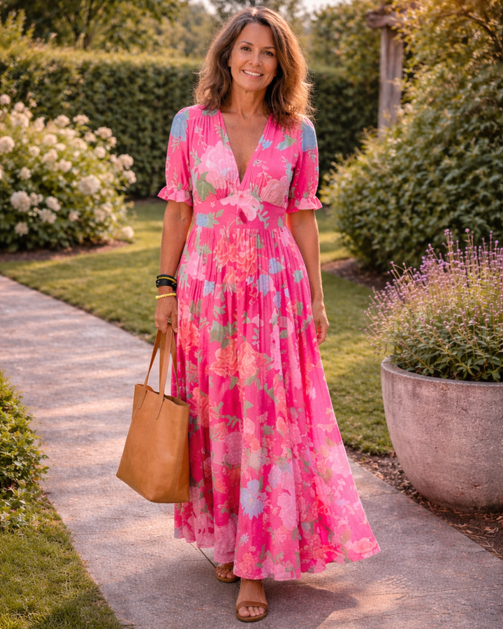 Nolira – V-Ausschnitt Blumendruck Midi-Kleid