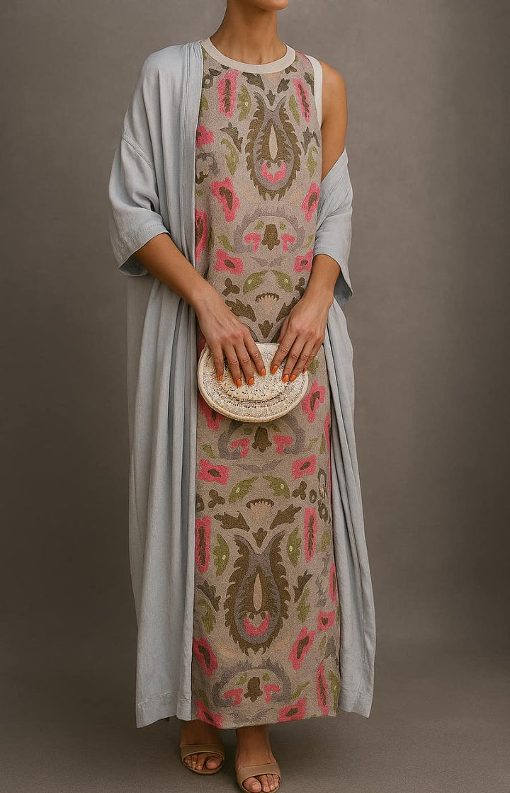 Virela – bedrucktes Maxikleid-und-Weste-Set