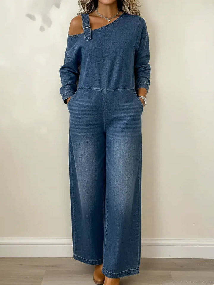 Lyrane – Denim-Jumpsuit mit Bardot-Ausschnitt