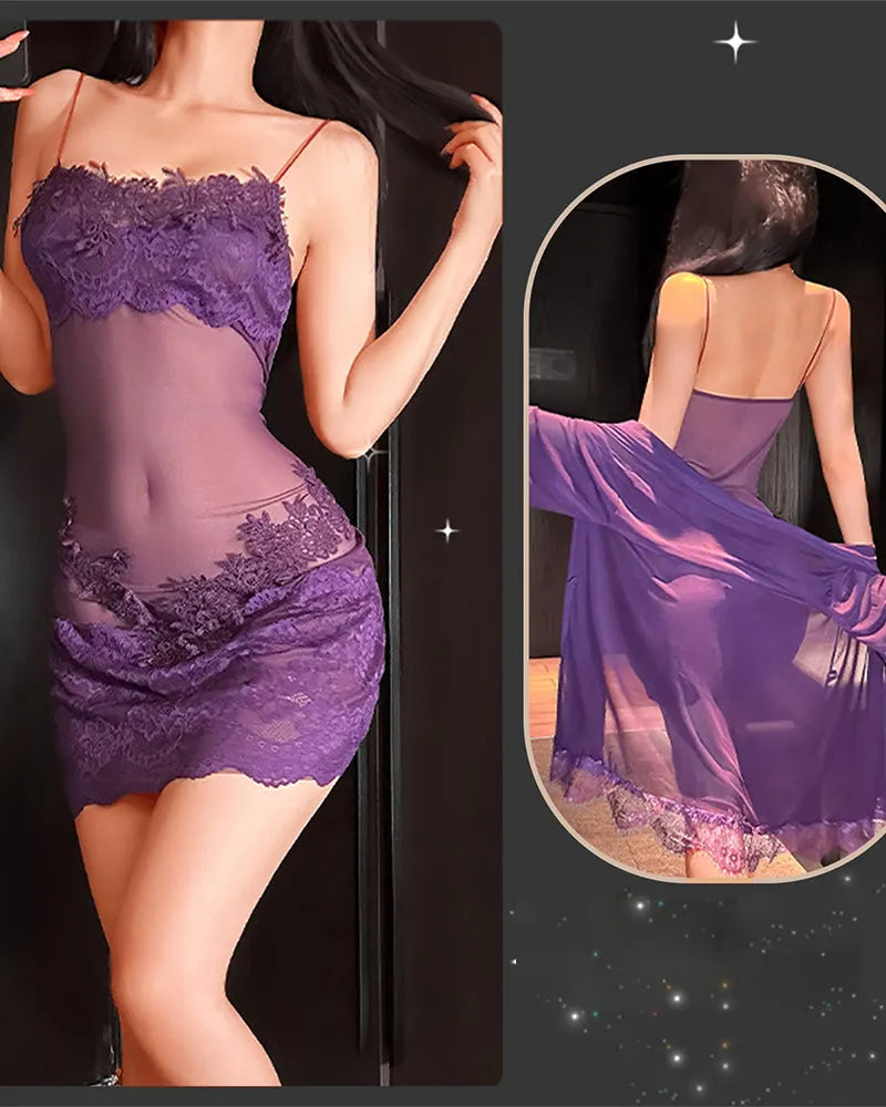Solyne – Spaghettiträger-Spitzen-Mesh-Pyjama-Set
