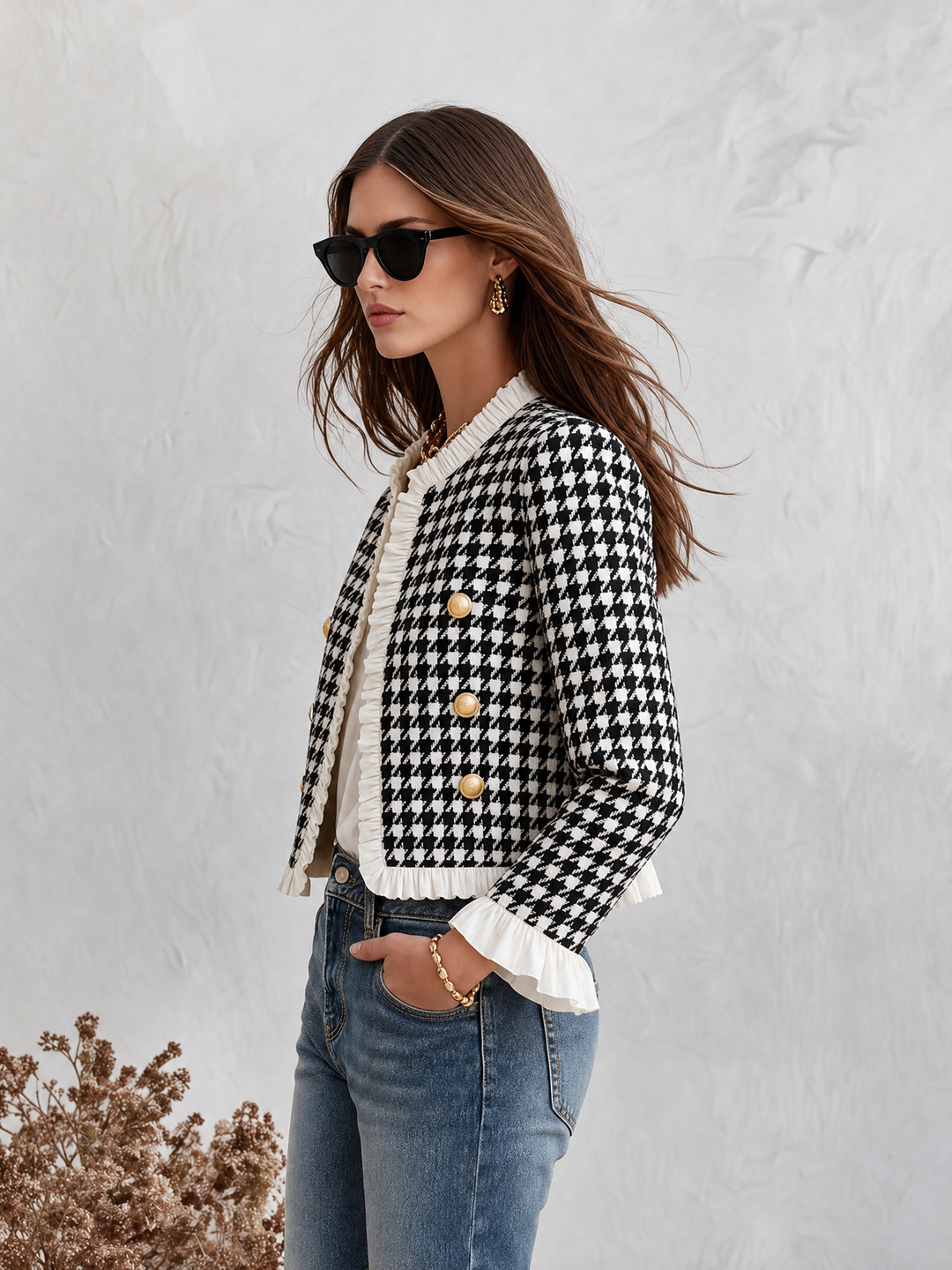 Mevara – Jacke mit Rüschensaum im Hahnentritt