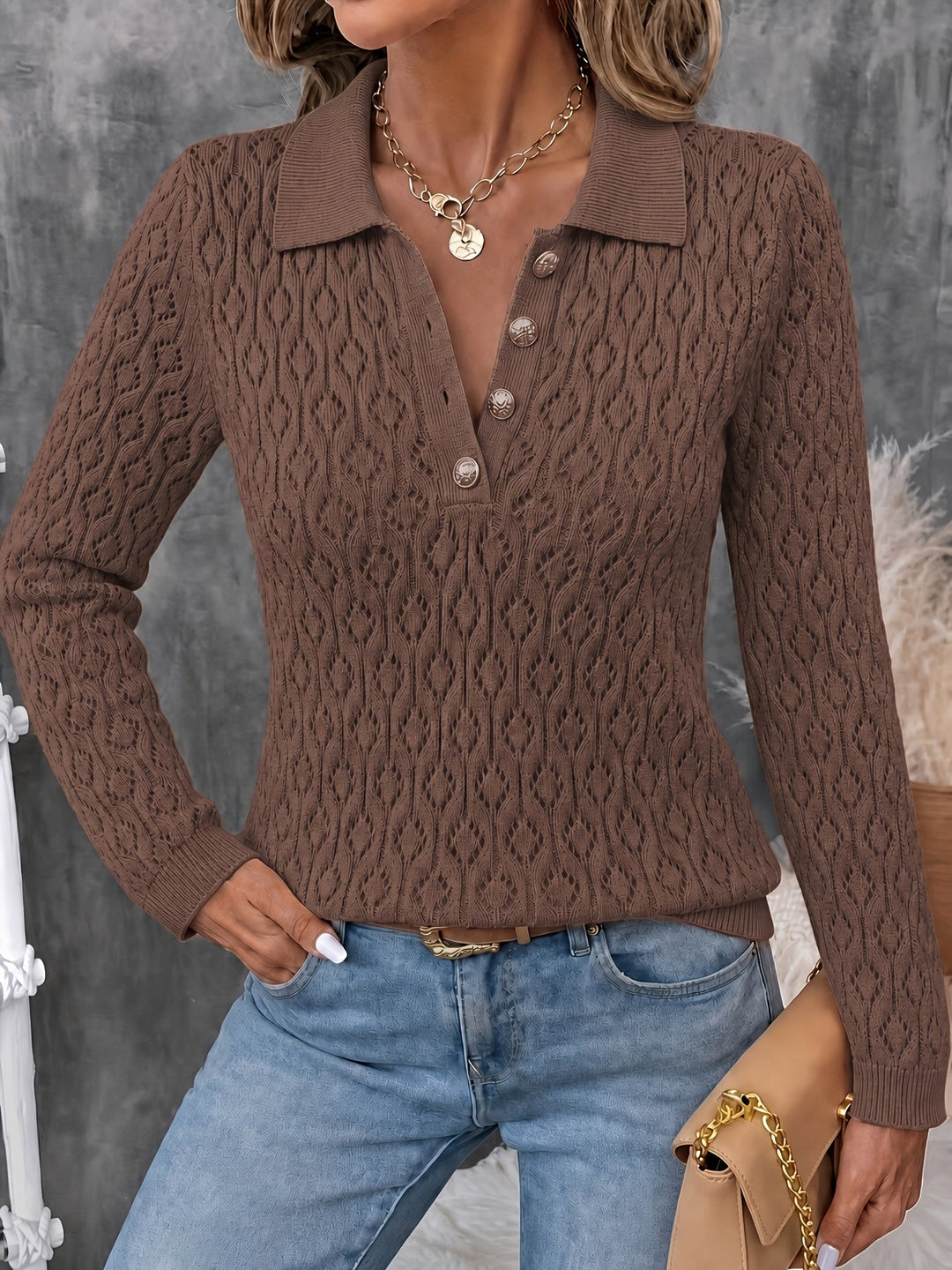 Avenya – offen gestrickter Polo-Pullover