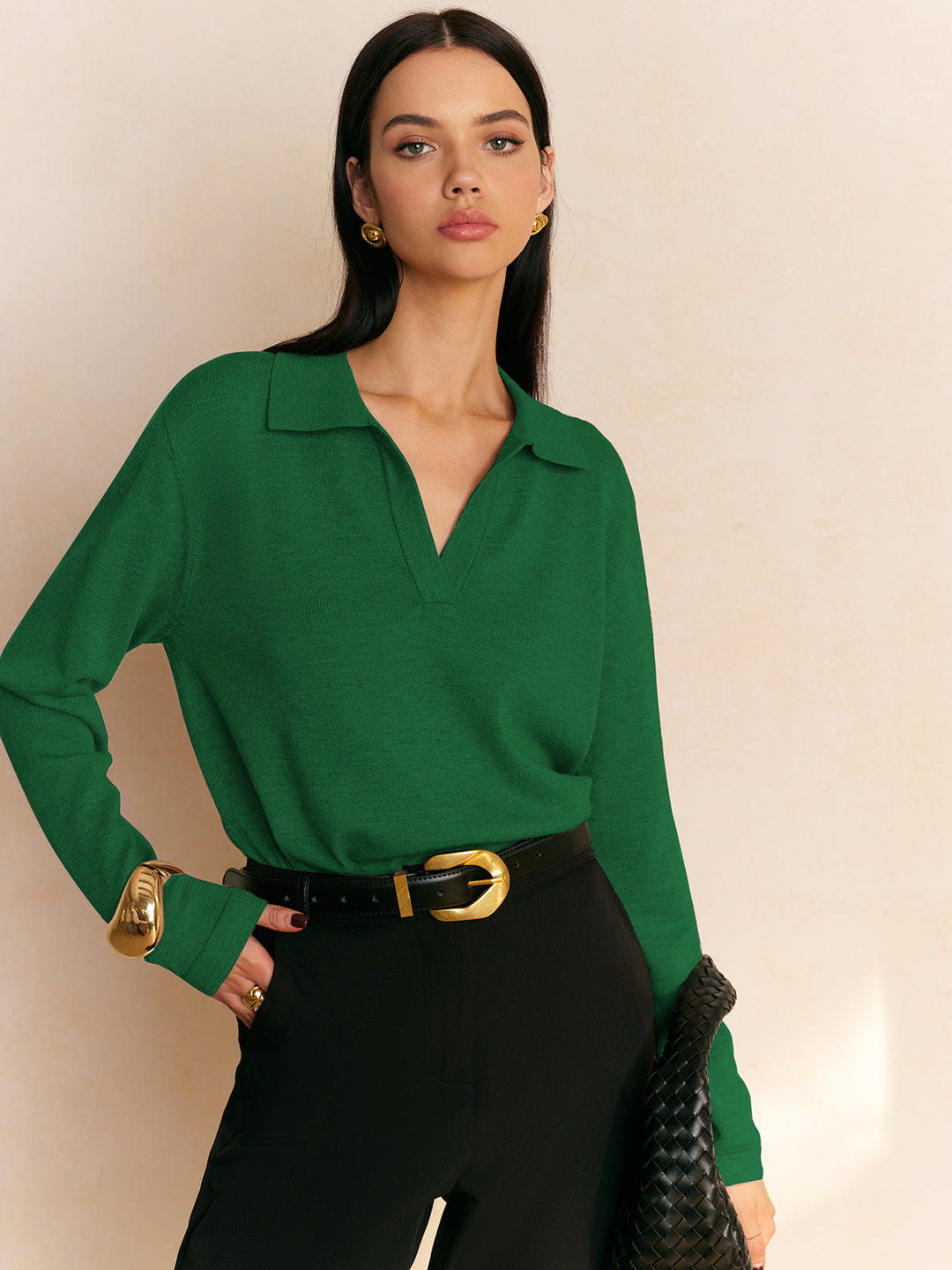 Elyra – Polo mit V-Ausschnitt, Feinstrick-Pullover