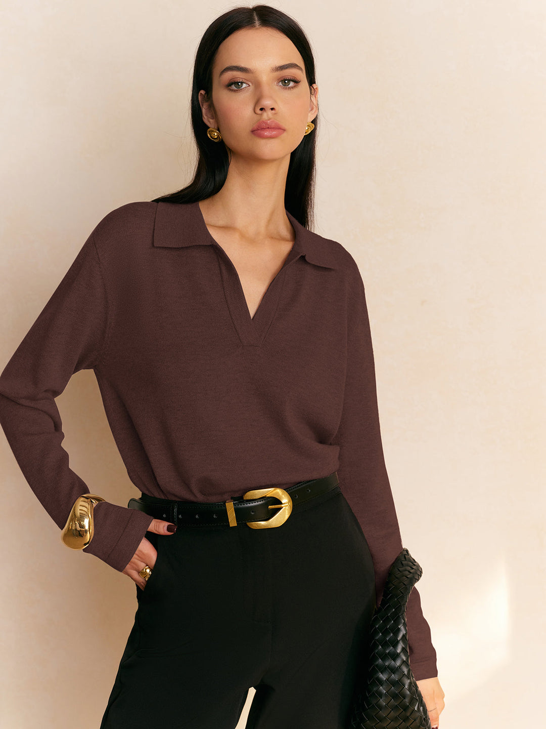 Elyra – Polo mit V-Ausschnitt, Feinstrick-Pullover