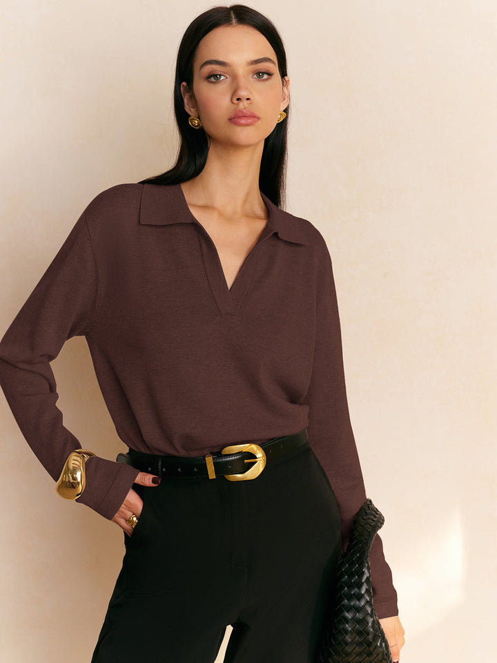 Elyra – Polo mit V-Ausschnitt, Feinstrick-Pullover
