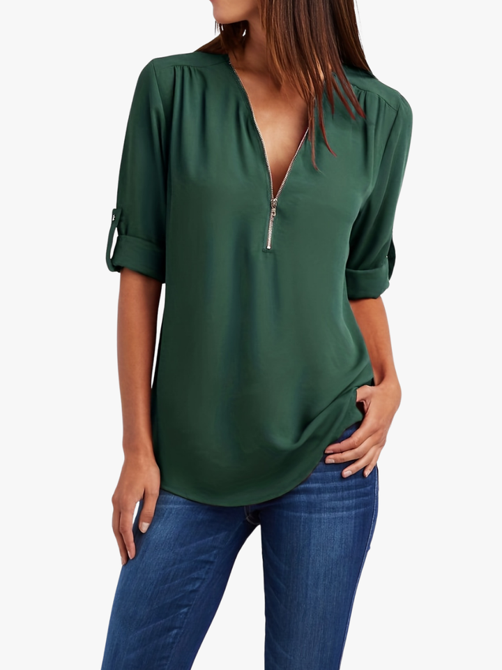 Nivara – V-Ausschnitt mit Reißverschluss, gewebte Bluse