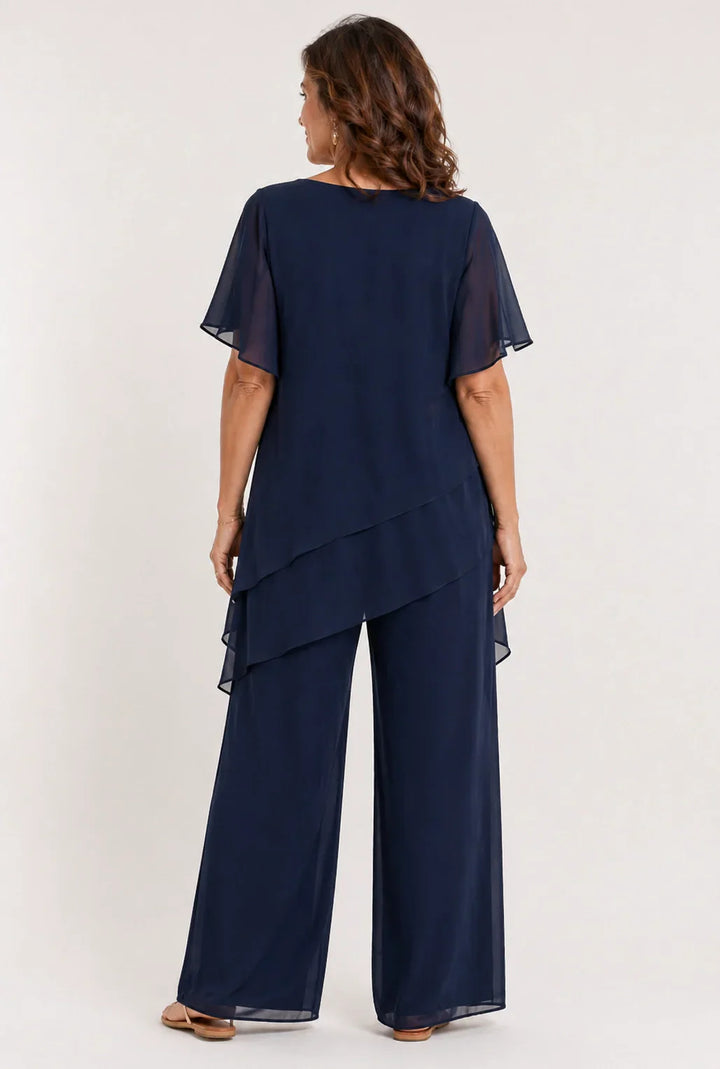Sivela – Asymmetrischer Chiffon-Überwurf Palazzo-Set