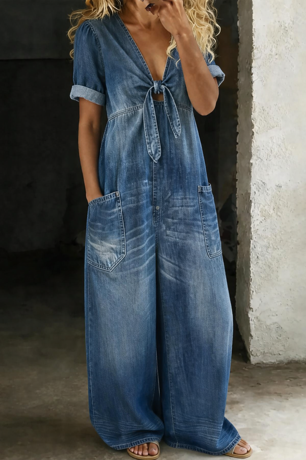 Vionne – V-Ausschnitt zum Binden, Jeans-Overall