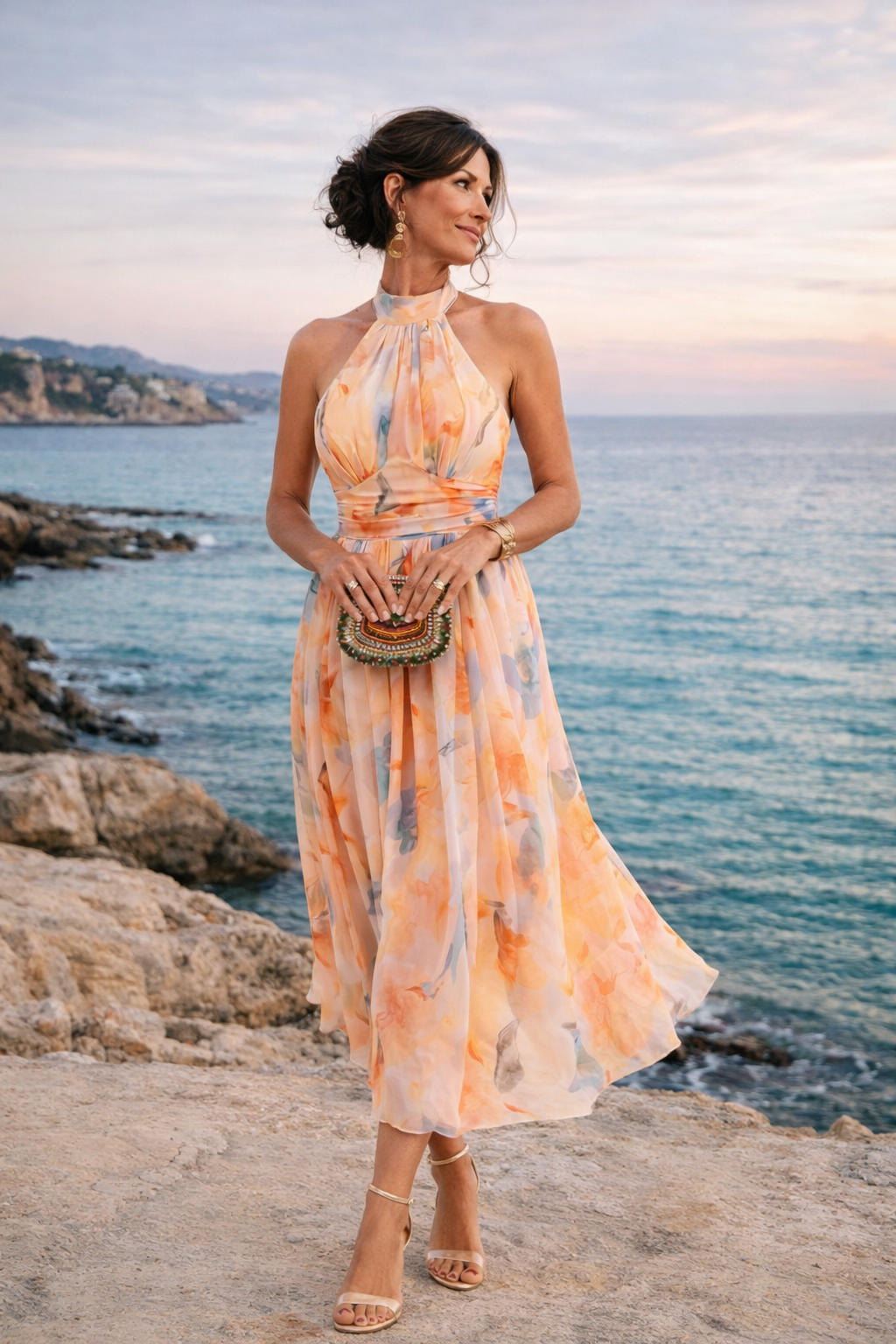 Vionne – Trägerloses Wasserfarben-Print-Kleid