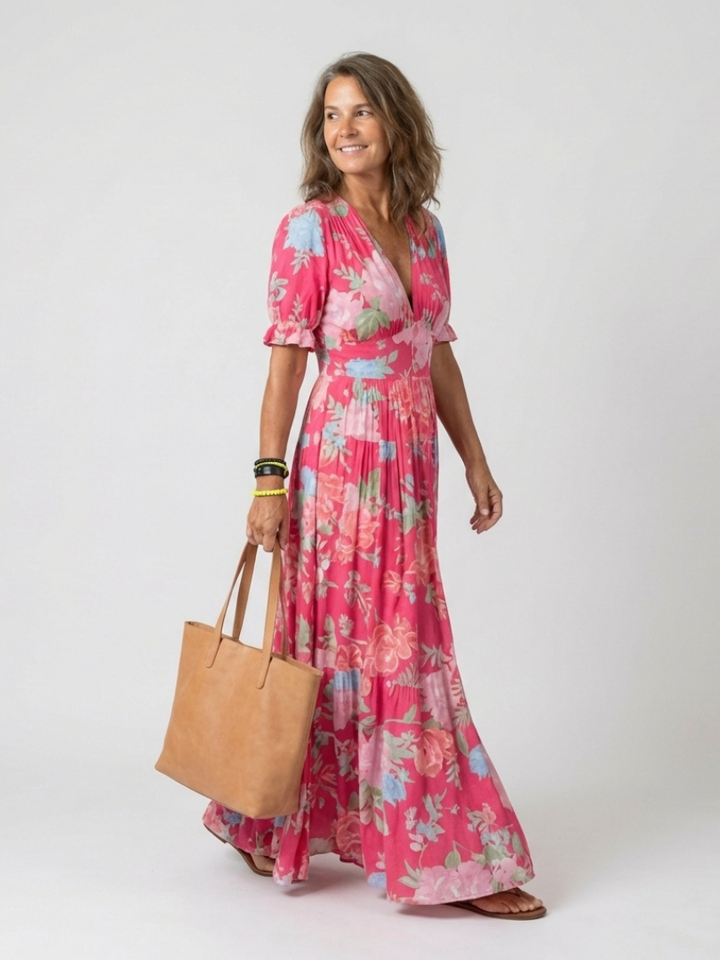 Nolira – V-Ausschnitt Blumendruck Midi-Kleid