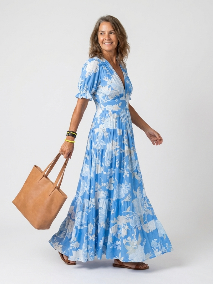 Nolira – V-Ausschnitt Blumendruck Midi-Kleid