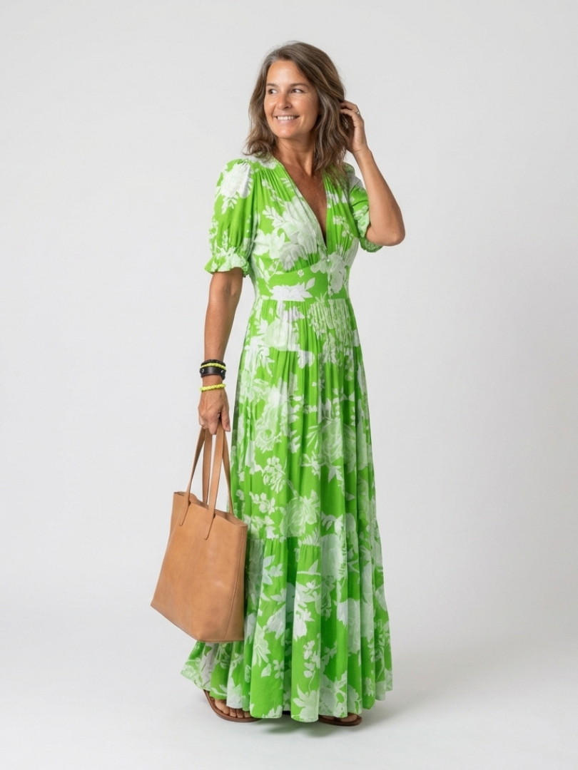 Nolira – V-Ausschnitt Blumendruck Midi-Kleid