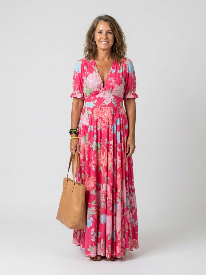 Nolira – V-Ausschnitt Blumendruck Midi-Kleid