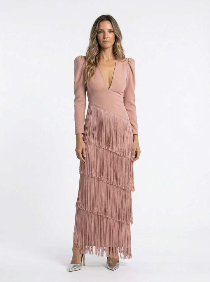 Nalira – Diagonal befranstes Stretch-Strickkleid