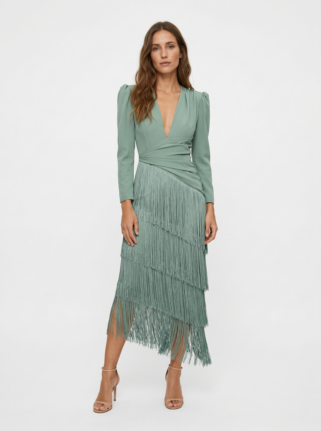Nalira – Diagonal befranstes Stretch-Strickkleid