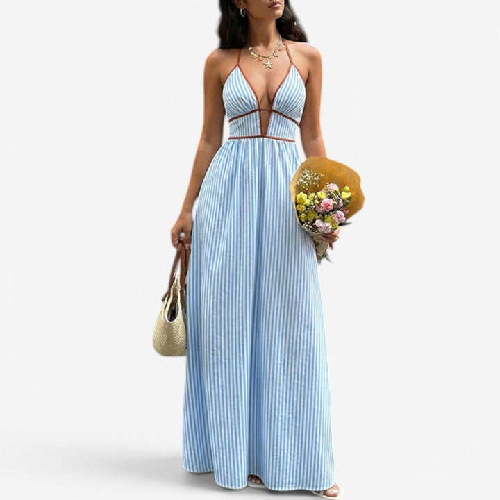 Arlise – Neckholder-Maxikleid mit tiefem Ausschnitt und vertikalen Streifen