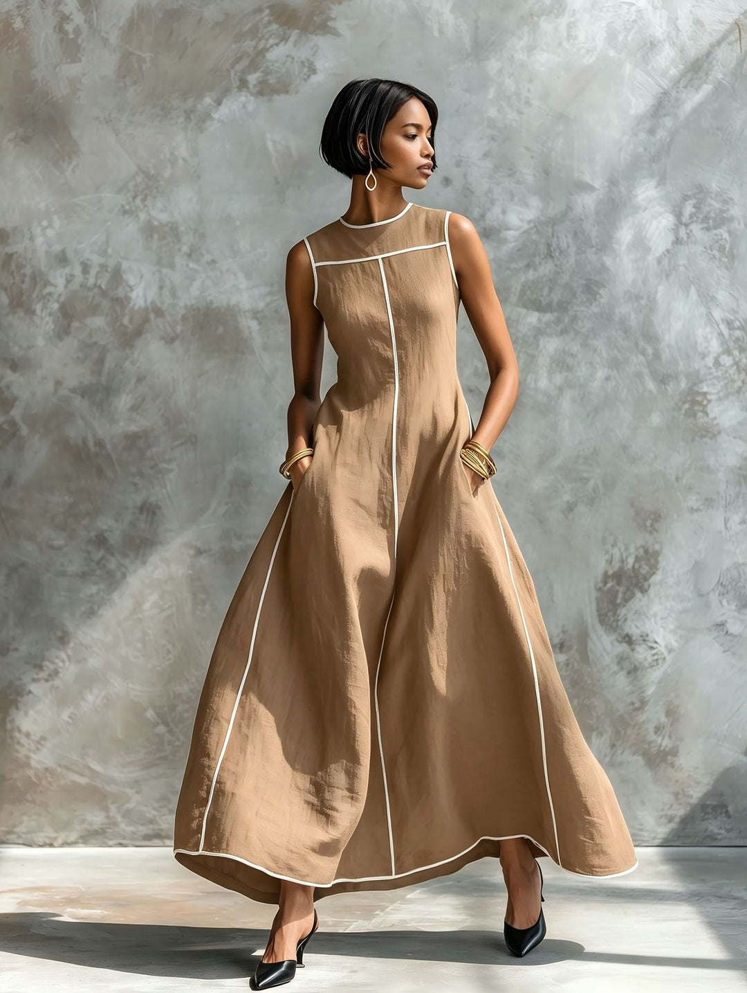 Veyla – mit Kontrastpaspelierung, aus Leinenmischung, Maxikleid