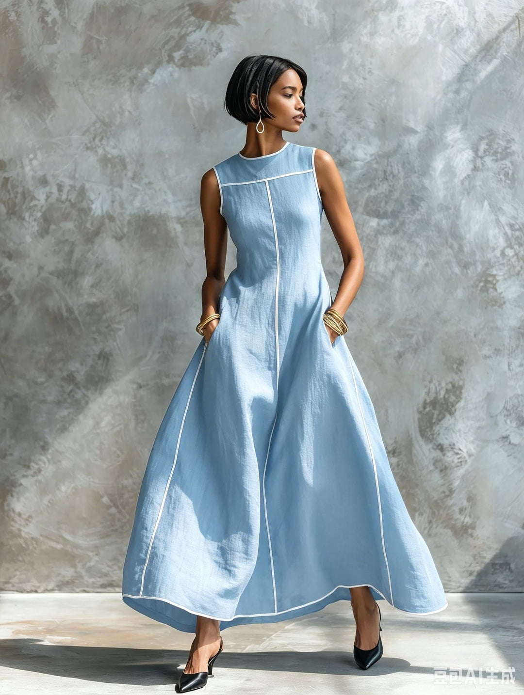 Veyla – mit Kontrastpaspelierung, aus Leinenmischung, Maxikleid