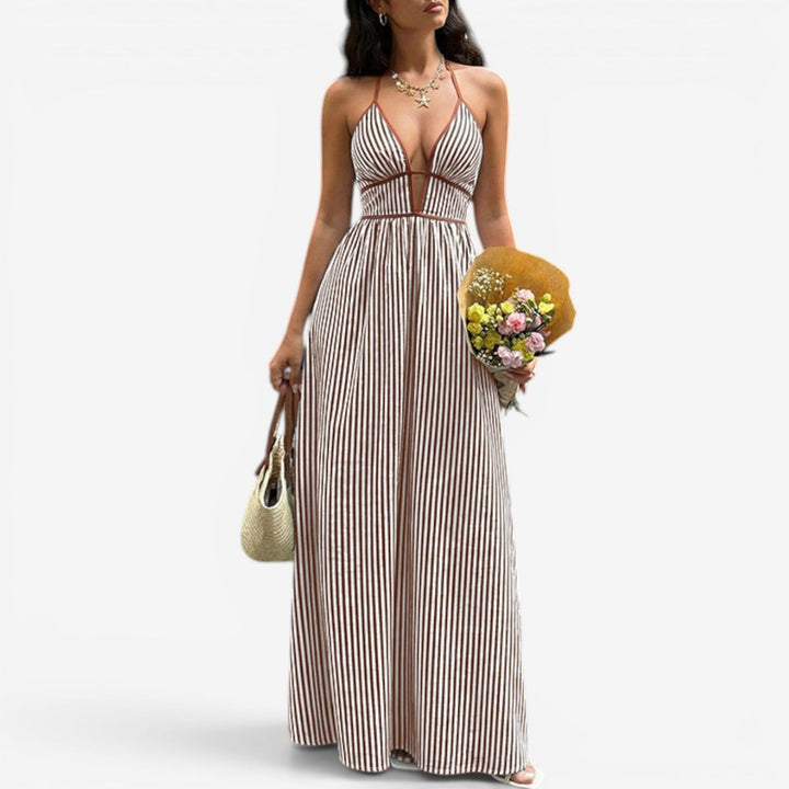 Arlise – Neckholder-Maxikleid mit tiefem Ausschnitt und vertikalen Streifen