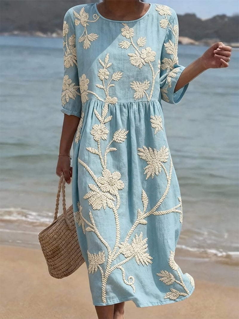 Navora – Geprägtes florales Leinen-Baumwollkleid
