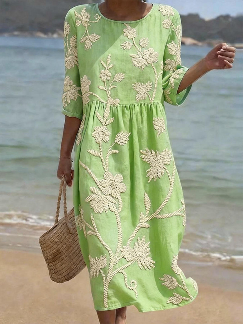 Navora – Geprägtes florales Leinen-Baumwollkleid