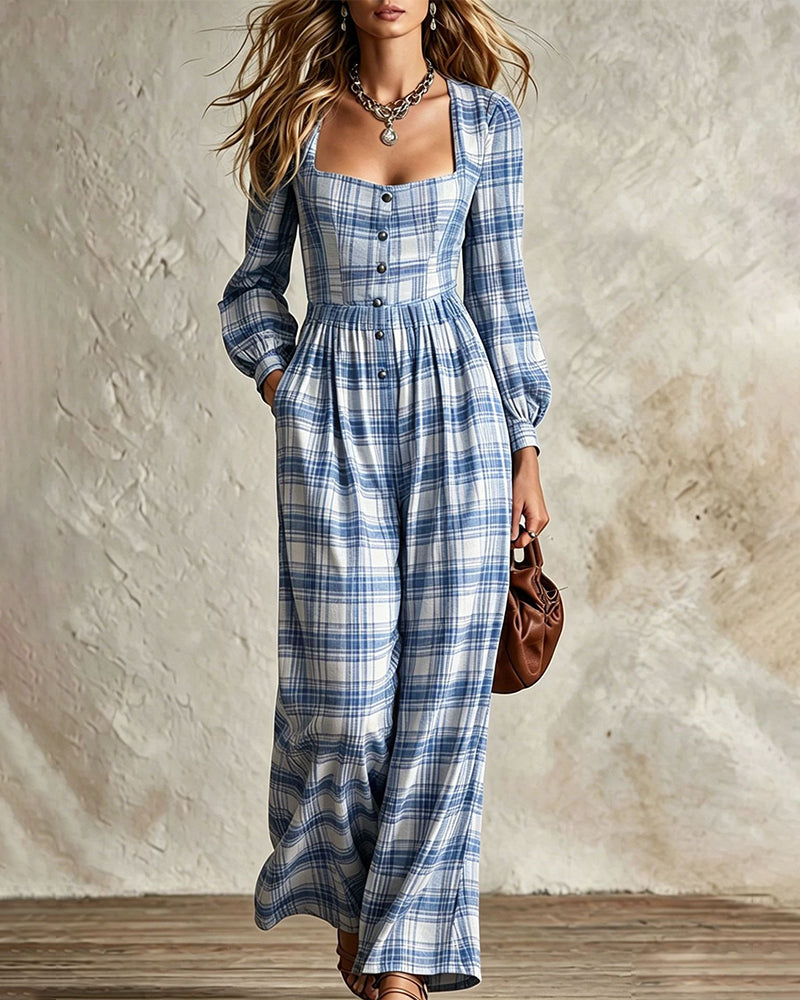 Evala – mit Laternenärmeln gewebter Karo-Jumpsuit