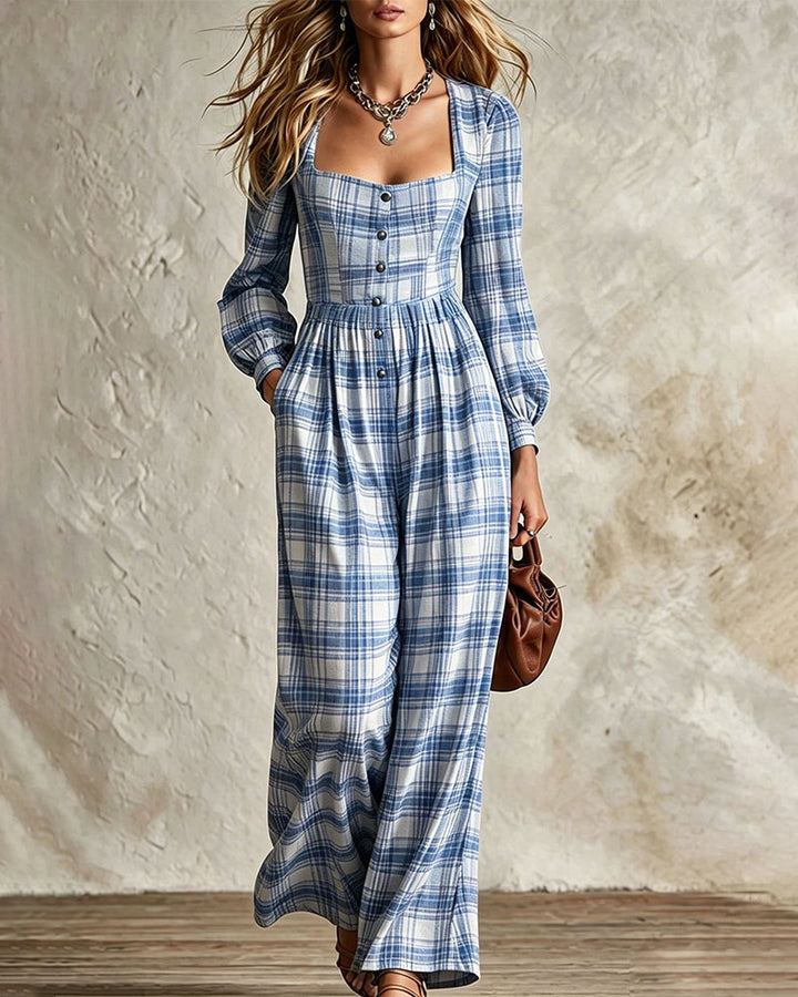 Evala – mit Laternenärmeln gewebter Karo-Jumpsuit