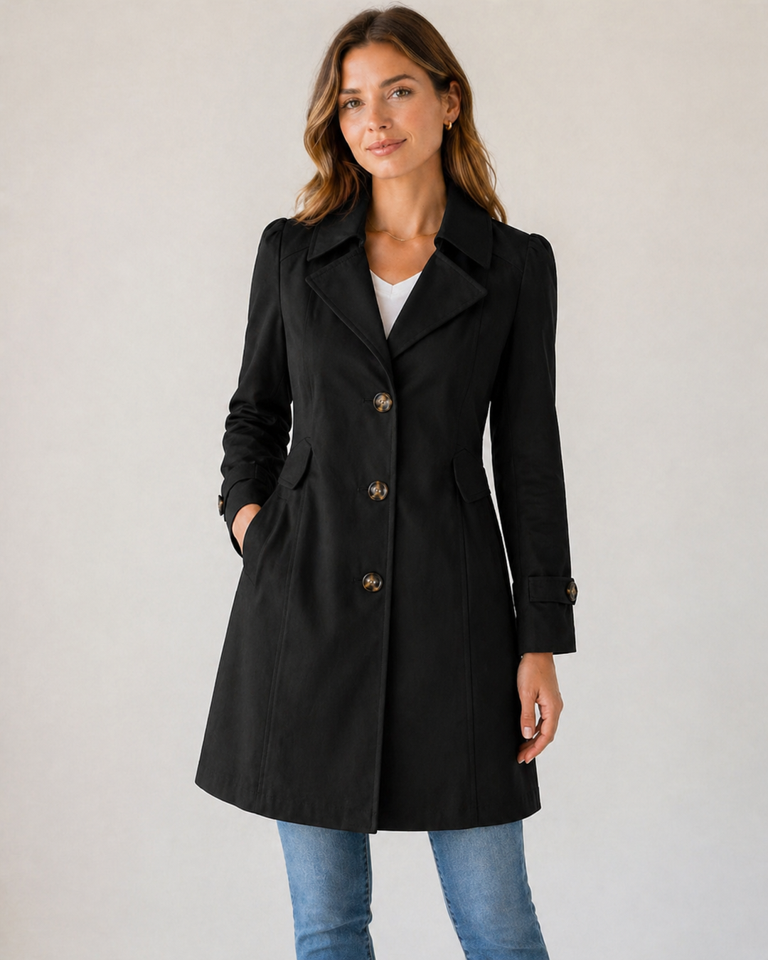 Enyra – Mit Knopfleiste gewebter Trenchcoat