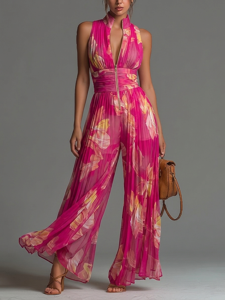 Rilena – weitbeiniger Plissee-Chiffon-Jumpsuit