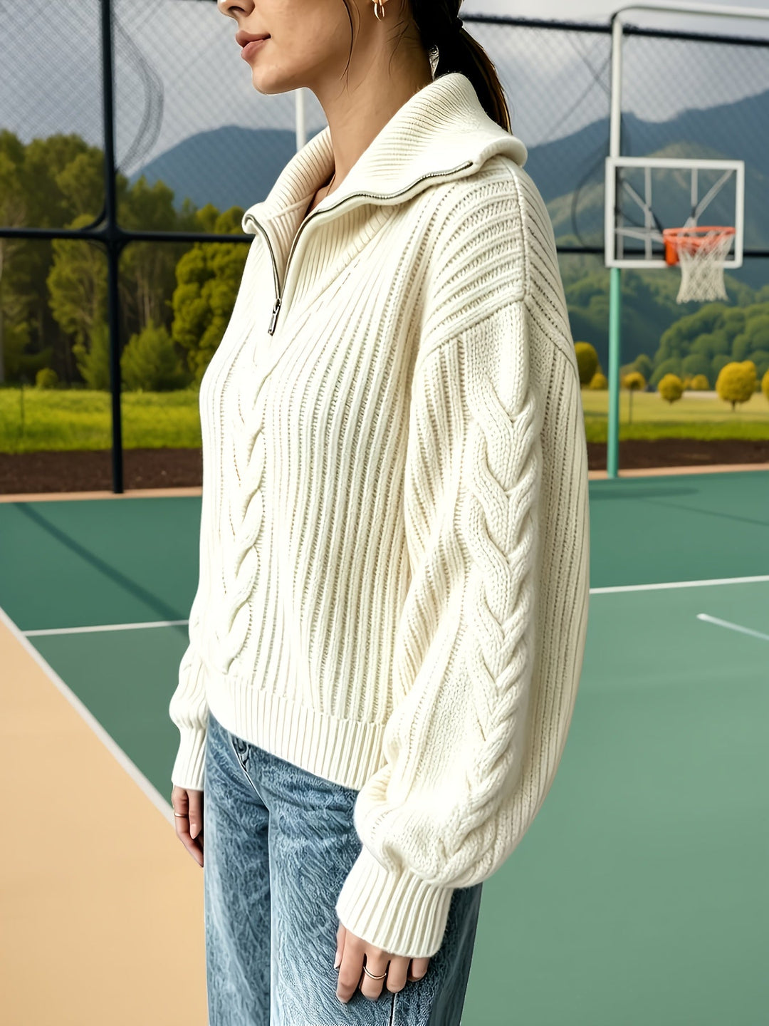 Nivara – Schulterfreier Zopfmuster-Pullover