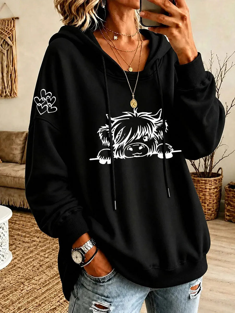 Noreli – Allover-Highland-Rinder-Print Strick-Kapuzenpullover