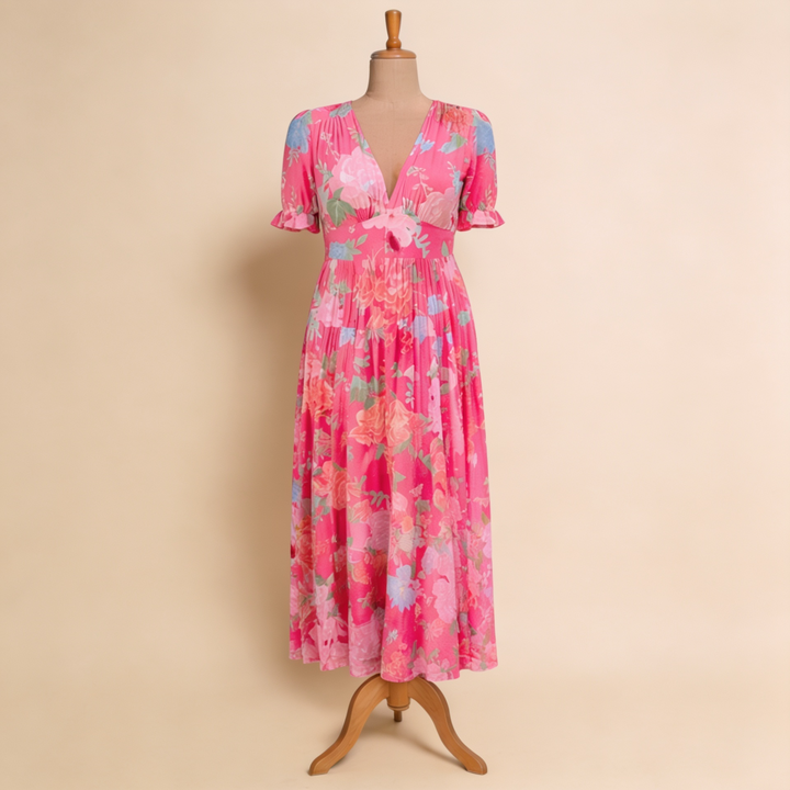 Nelora – V-Ausschnitt, florales Maxikleid