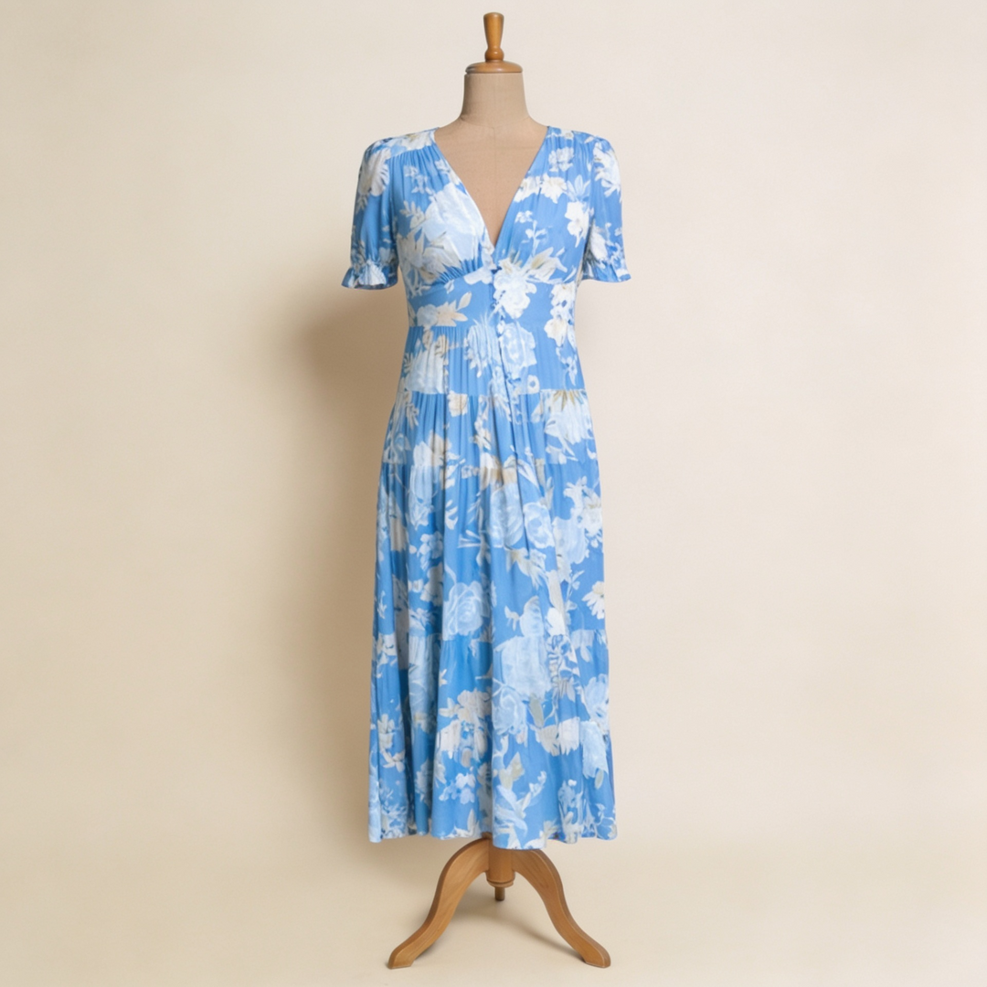 Nelora – V-Ausschnitt, florales Maxikleid