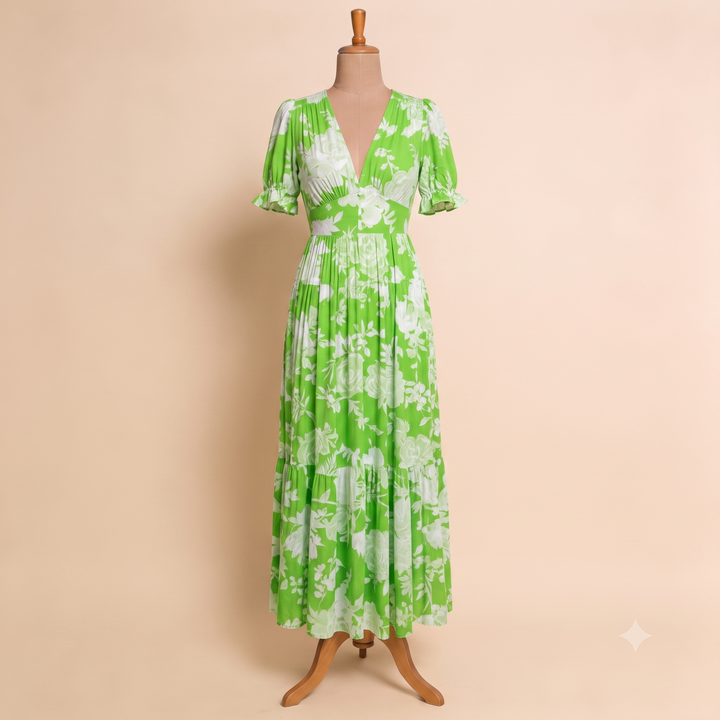 Nelora – V-Ausschnitt, florales Maxikleid