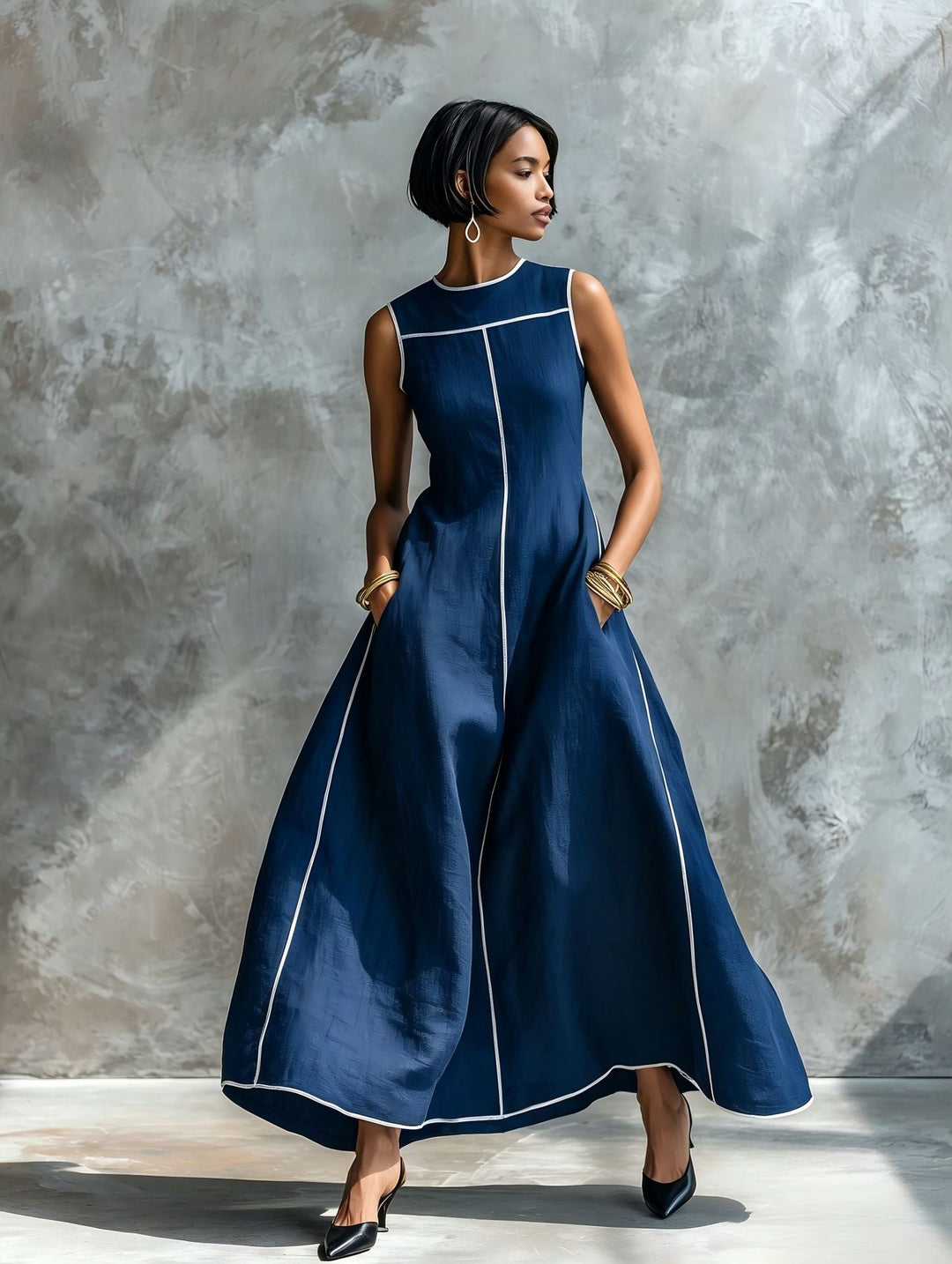 Veyla – mit Kontrastpaspelierung, aus Leinenmischung, Maxikleid