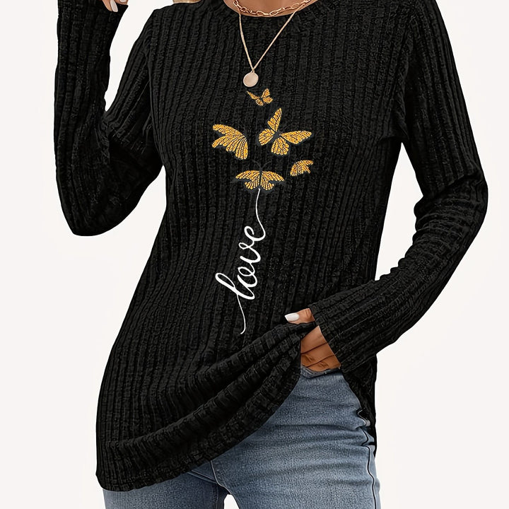 Calira – platzierter Schmetterlingsdruck Rippstrick-T-Shirt