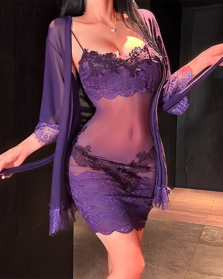 Solyne – Spaghettiträger-Spitzen-Mesh-Pyjama-Set